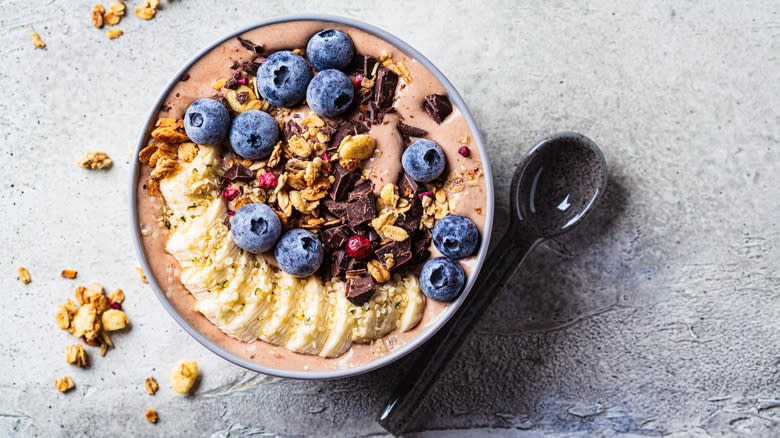 Chocolate smoothie bowl with fruits