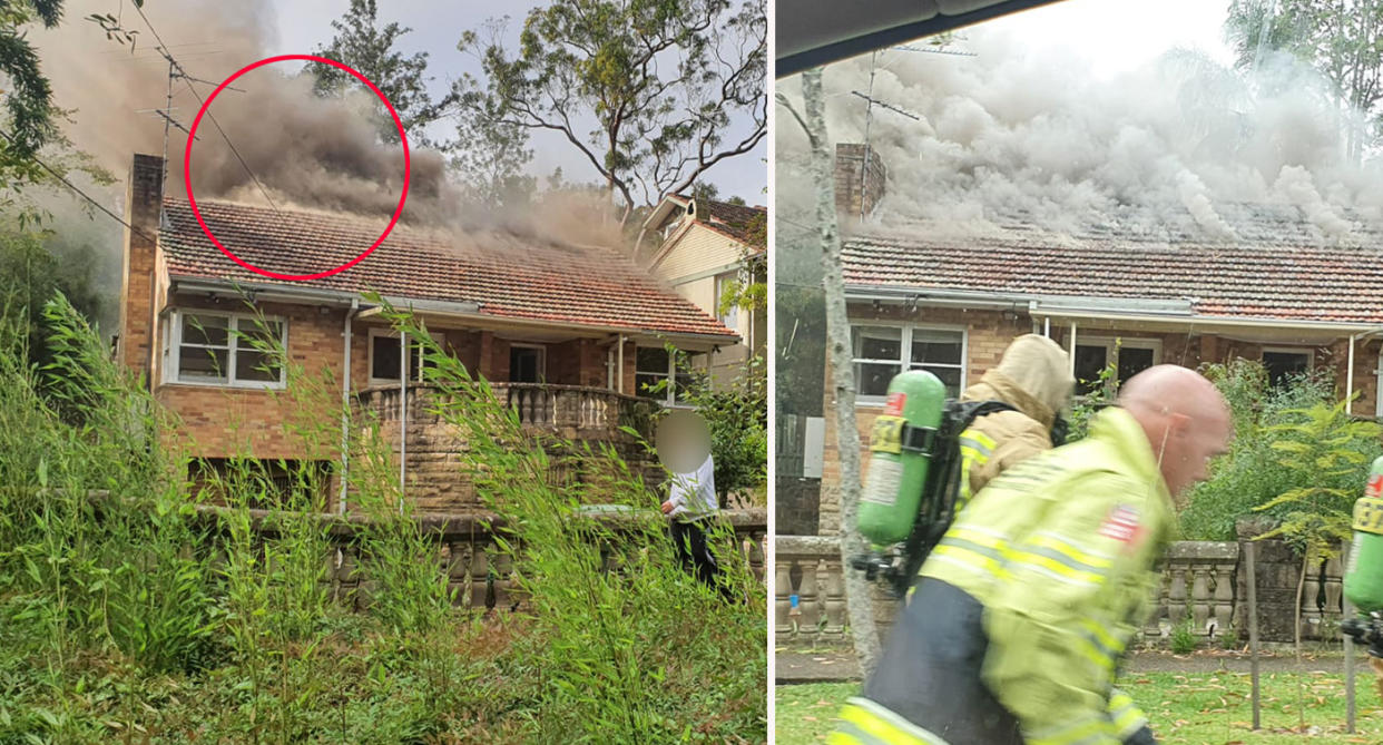 Smoke coming from roof of Lindfield rental property in Sydney during an electrical fire. 