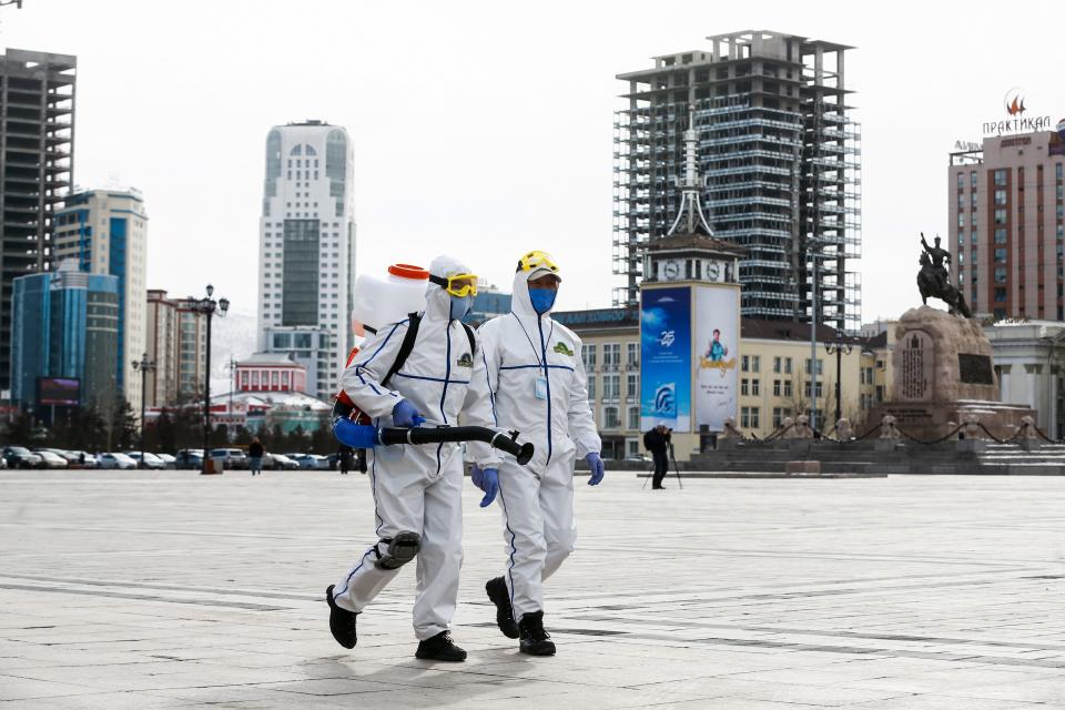 Mongolia took a series of deliberate steps to stop the spread of coronavirus, including disinfecting public spaces in the capital, Ulaanbaatar. The country has reported zero coronavirus deaths. (Photo: BYAMBASUREN BYAMBA-OCHIR via Getty Images)