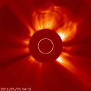 In this handout from the NOAA/National Weather Service's Space Weather Prediction Center, shows the coronal mass ejection (CME) erupting from the sun late January 23, 2012. The flare is reportedly the largest since 2005 and is expected to affect GPS systems and other communications when it reaches the Earth's magnetic field in the morning of January 24. (Photo by NOAA/National Weather Service's Space Weather Prediction Center via Getty Images)