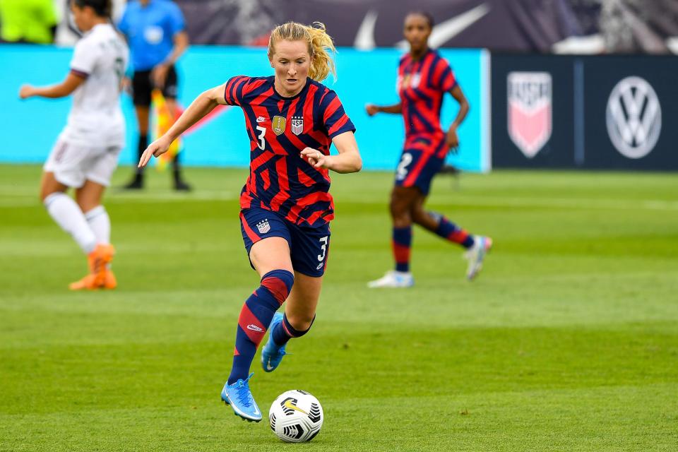 Sam Mewis controls the ball against Mexico during a USWNT Send-off Series soccer match in East Hartford, Connecticut, on July 5, 2021.