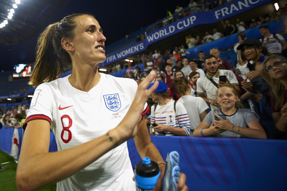 Jill Scott (Manchester City WFC) of England celebrates victory after whit her fans the 2019 FIFA Women's World Cup France Quarter Final match between Norway and England at  on June 27, 2019 in Le Havre, France. (Photo by Jose Breton/NurPhoto via Getty Images)