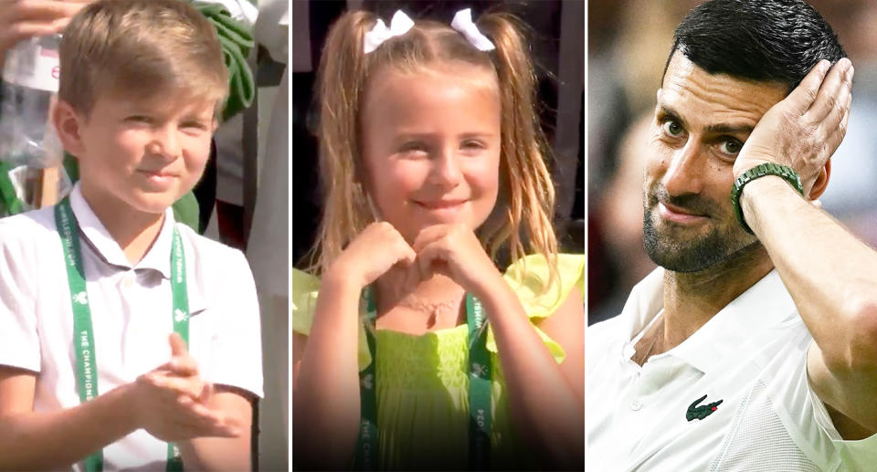 From right to left is Novak Djokovic and his kids Tara and Stefan.