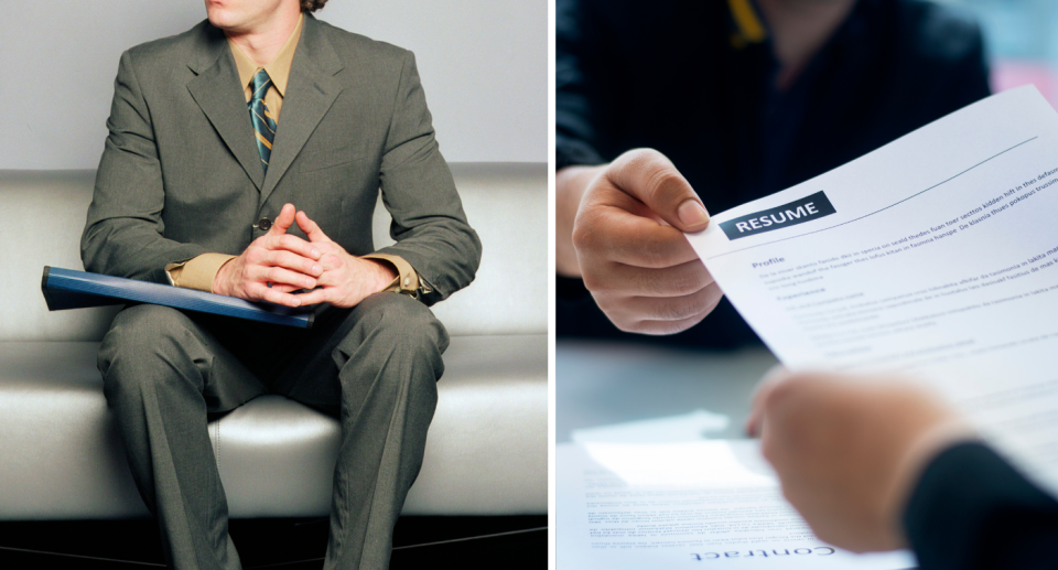 Person waiting for a job interview next to someone handing over a resume