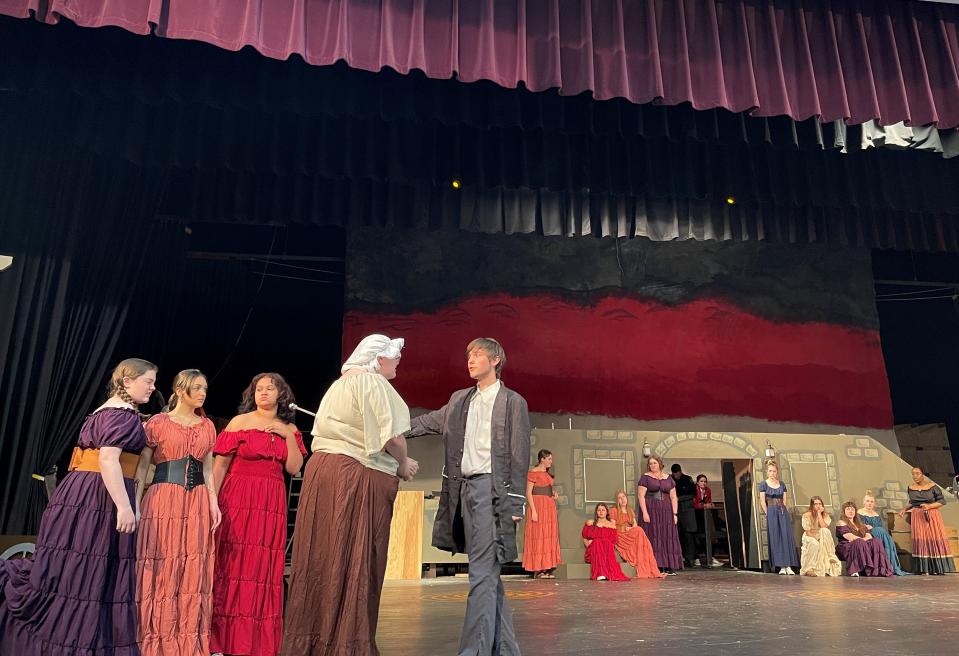 The cast of Les Misérables rehearses for their upcoming musical at Central High School, April 25, 2023. Pictured left to right: Hannah Sharp, Marinna Andriopoulos, Jozie Sprull, Grace Bunnell and David Dallman.
