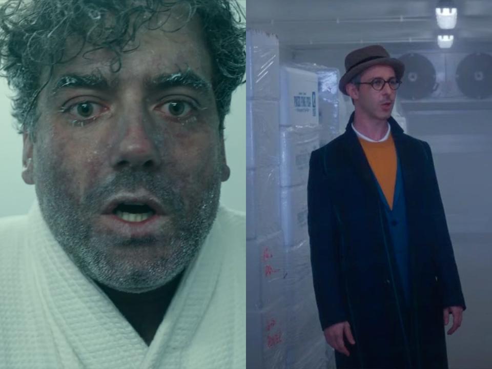 Daniel Ings as Freddy Horniman in a freezer in the series, and Jeremy Strong as Matthew in the film.