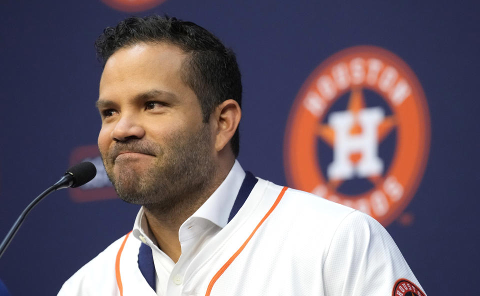 Houston Astros Jose Altuve speaks during a press conference announcing they agreed to a five-year contract extension at Minute Maid Park on Wednesday, Feb. 7, 2024, in Houston. Altuve and the Houston Astros agreed to a $125 million, five-year contract that covers 2025-29. Houston announced a new multiyear deal for Altuve on Tuesday without disclosing financial details. (Karen Warren/Houston Chronicle via AP)