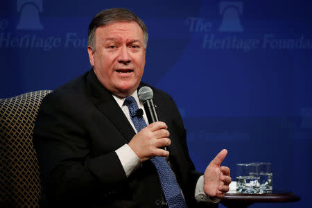 U.S. Secretary of State Mike Pompeo delivers remarks on the Trump administration's Iran policy at the Heritage Foundation in Washington, U.S. May 21, 2018. REUTERS/Jonathan Ernst