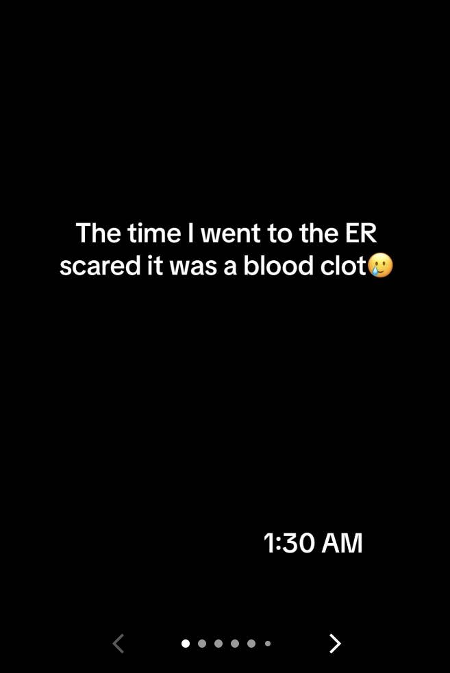 Text reads "The time I went to the ER scared it was a blood clot" with a worried emoji, time-stamped at 1:30 AM