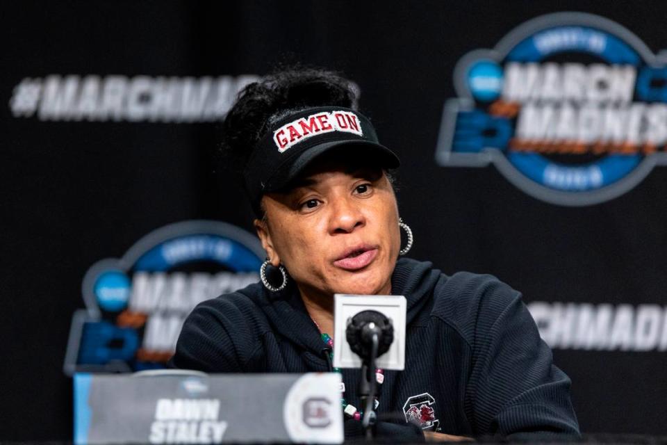 University of South Carolina Head Coach Dawn Staley talks with the media during a press conference in advance of the Elite Eight game against Oregon State in the NCAA Tournament on Saturday, March 30, 2024.