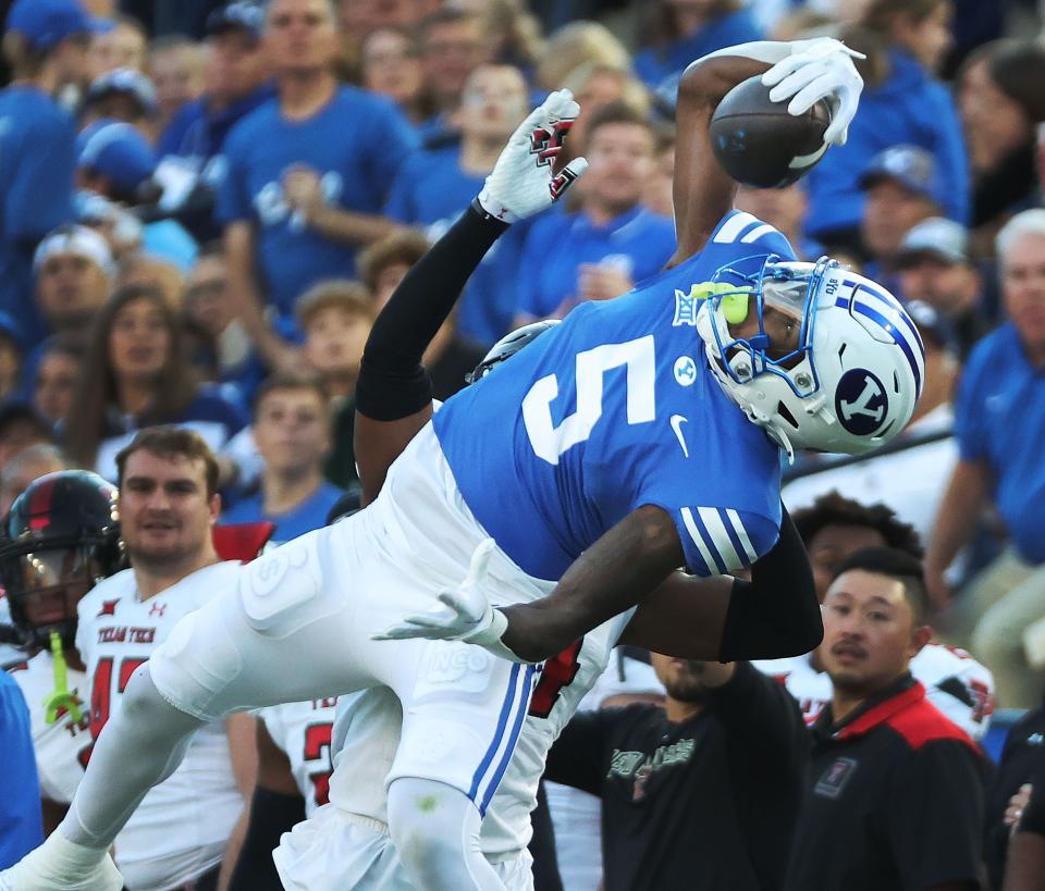 Brigham Young Cougars wide receiver Darius Lassiter (5) makes a one-handed catch against the Texas Tech Red Raiders in Provo on Saturday, Oct. 21, 2023. BYU won 27-14. | Jeffrey D. Allred, Deseret News