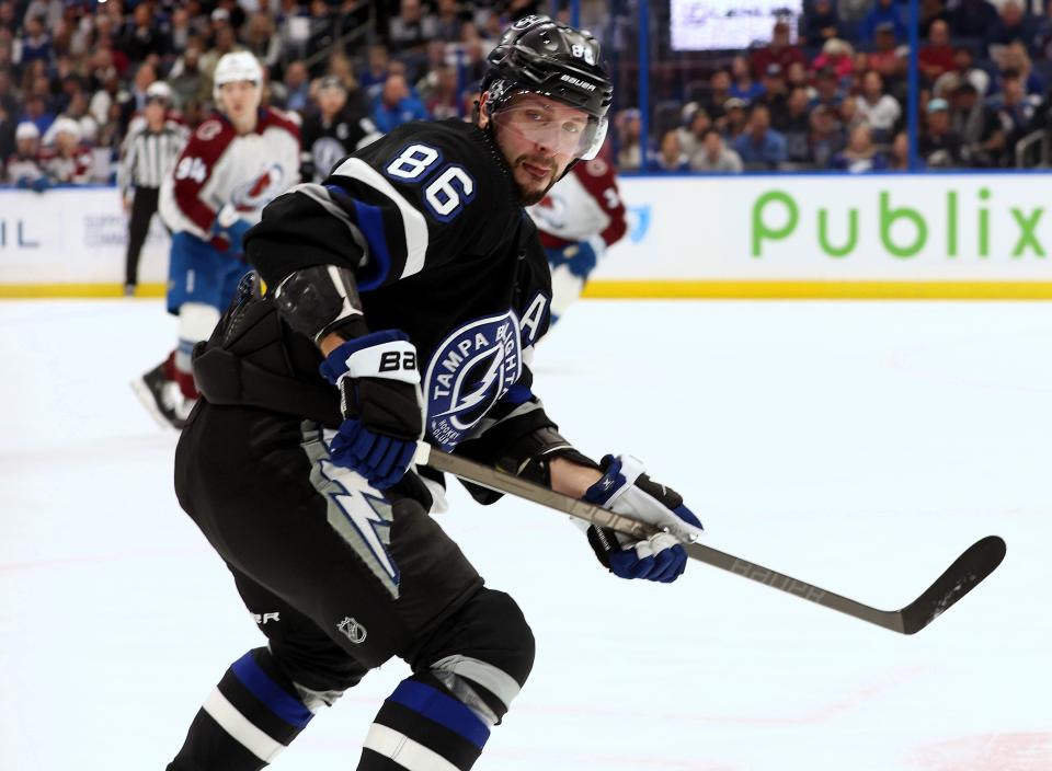 Feb 15, 2024; Tampa, Florida, USA; Tampa Bay Lightning right wing Nikita Kucherov (86) looks back against the Colorado Avalanche during the first period at Amalie Arena. Mandatory Credit: Kim Klement Neitzel-USA TODAY Sports