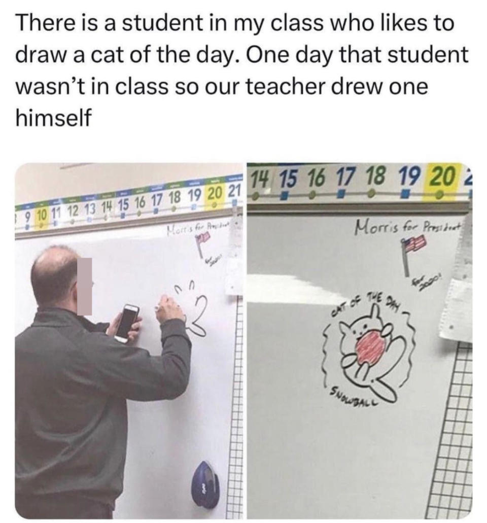 When student who draws a "cat of the day" every day in class was absent one day, the teacher drew his own "cat of the day," "Snowball," on the whiteboard