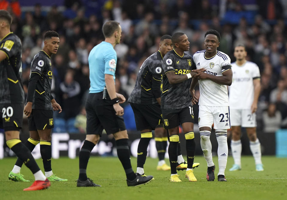 Leeds United's Luis Sinisterra reacts after being shown a second yellow card during the English Premier League soccer match between Aston Villa and Leeds United, at Elland Road, Leeds, England, Sunday Oct. 2, 2022. (Tim Goode/PA via AP)