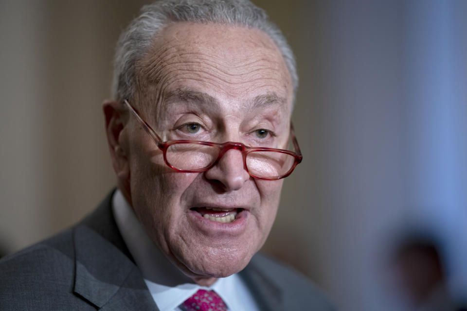 Senate Majority Leader Chuck Schumer, D-N.Y., speaks to reporters during a news conference outside of the chamber, at the Capitol in Washington, Tuesday, March 28, 2023. The Senate is preparing to vote to repeal the 2002 measure that green-lighted that March 2003 invasion of Iraq. The measure would end more than 20 years of authorization for U.S. presidents to use force in that country and return those war powers to Congress. (AP Photo/J. Scott Applewhite)