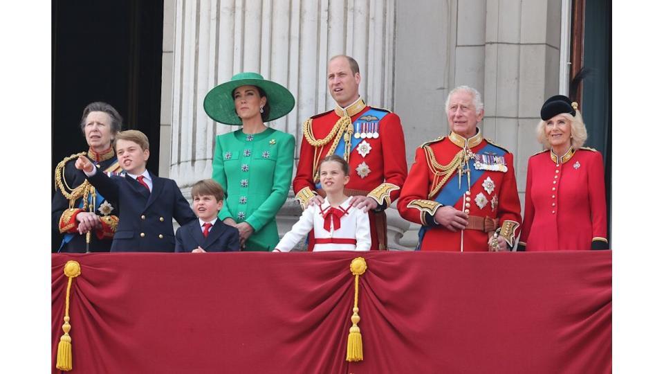 Princess Anne, Prince George, Prince Louis, Princess Kate, Prince William, Princess Charlotte, King Charles and Queen Camilla on the Buckingham Palace balcony