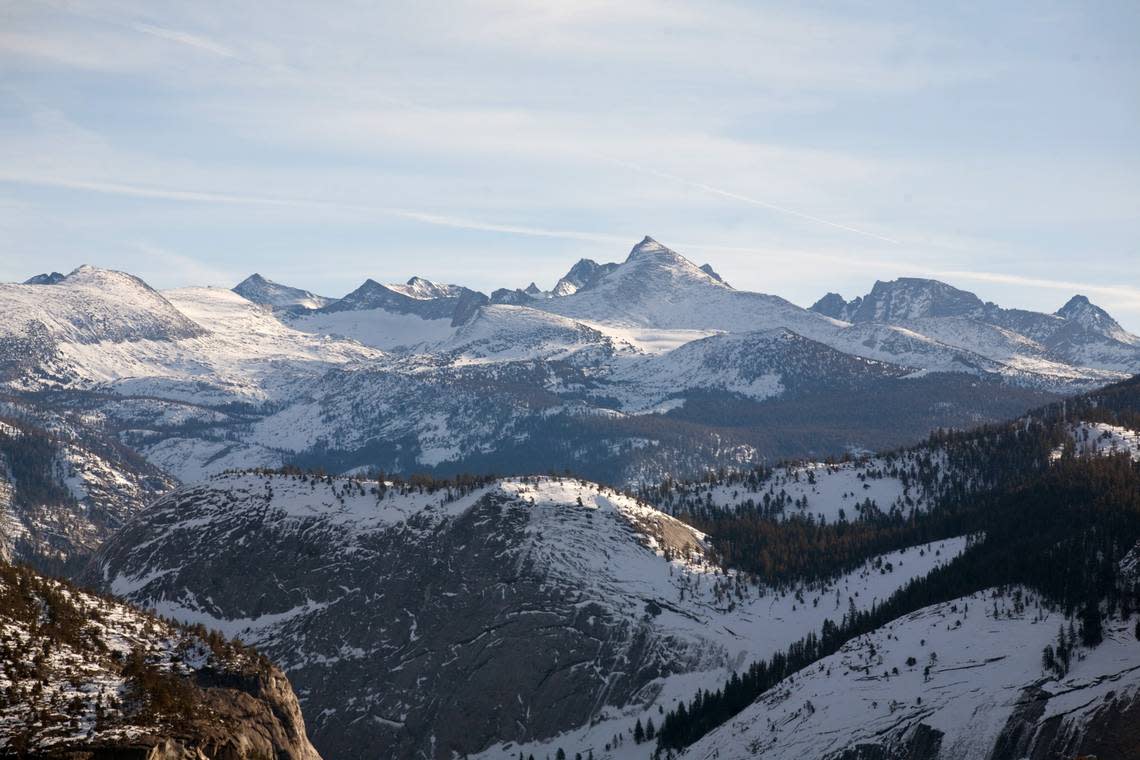 In this January 2010 photo, Mount Lyell, the highest peak, top right center, is visible from Glacier Point in Yosemite National Park.