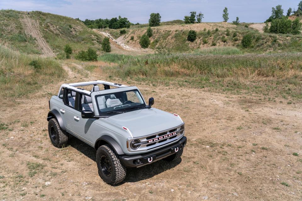 A view of a Ford Bronco 4-door with the roof removed is seen in Holly on July 10, 2020.