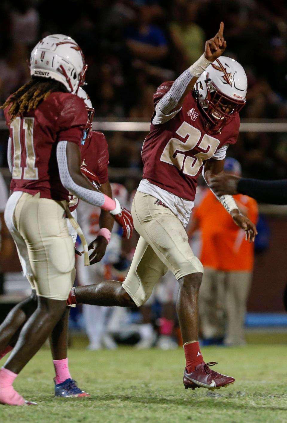 Braves #23 Jyvonte McClendon celebrates after a defensive stop in the during the first half  Friday. Bartow vs Lake Gibson  Lakeland Fl. October 15th 2021.  Special to the Ledger/ Calvin Knight