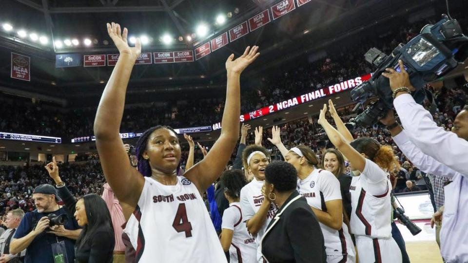 South Carolina’s Aliyah Boston (4) celebrates after defeating UConn in the Colonial Life Arena on Feb. 10, 2020.