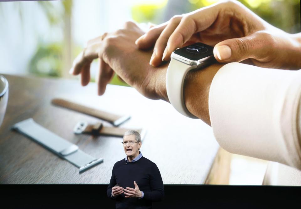 Apple CEO Tim Cook speaks about the iWatch during an event at the Apple headquarters in Cupertino, California March 21, 2016. REUTERS/Stephen Lam