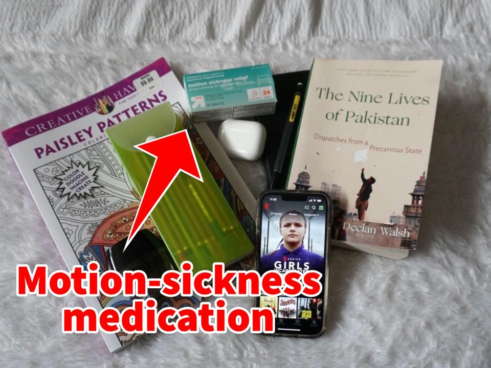 An arrow pointing to a box of motion-sickness relief.