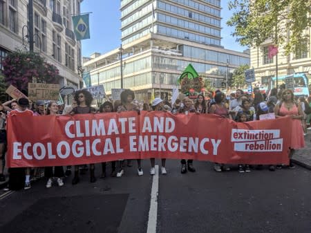 People demonstrate during an Extinction Rebellion protest outside the Brazilian embassy in London