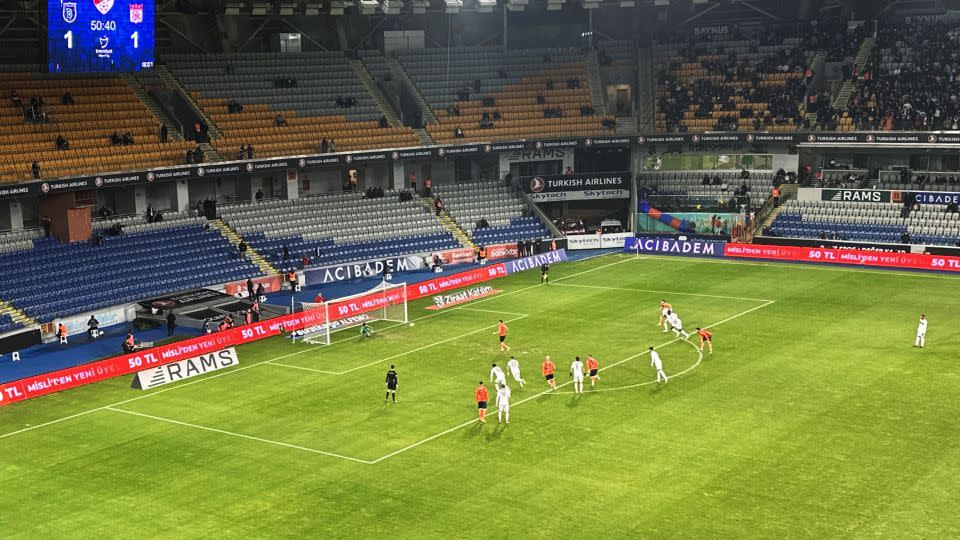 Başakşehir striker Krzysztof Piatek watches his kick find the back of the net to take the lead over Sivasspor. - Scott MacLean/CNN