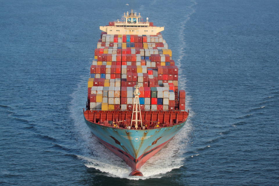 cargo Containers are stacked on the deck of the cargo ship as it's underway in New York Harbor in New York City, U.S. November 7, 2021.  REUTERS/Brendan McDermid