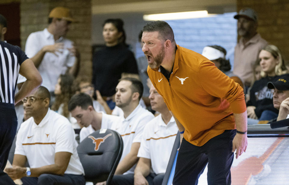 Texas head coach Chris Beard directs his team during the first half of an NCAA college basketball game against Texas Rio Grande Valley, Saturday, Nov. 26, 2022, in Austin, Texas. (AP Photo/Michael Thomas)