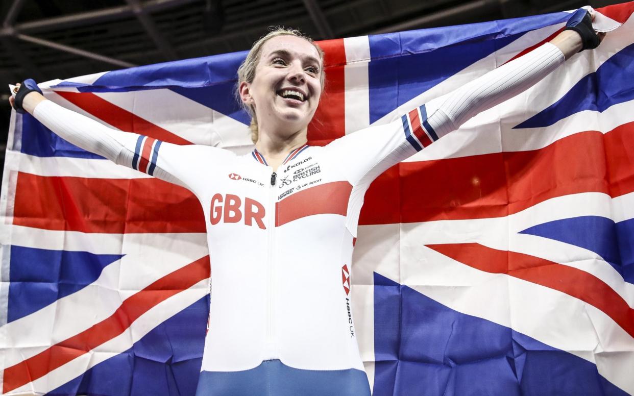  Elinor Barker of Great Britain celebrates after winning Women's Points Race during day 5 of the UCI Track Cycling World Championships Berlin at Velodrom on March 01, 2020 in Berlin, Germany - Getty Images/ Maja Hitij
