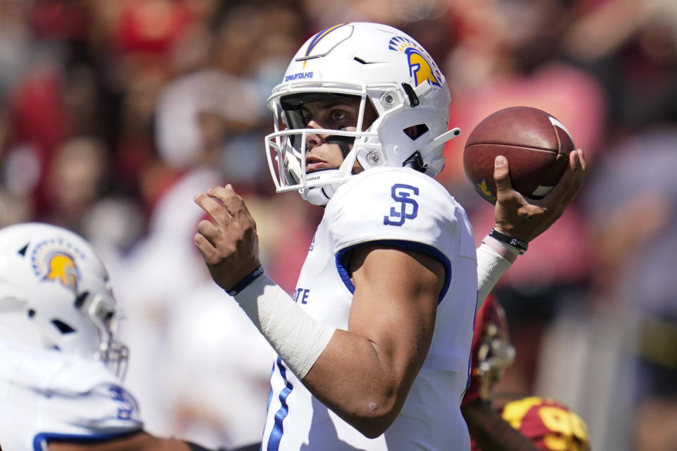 San Jose State quarterback Nick Starkel (17) throws a pass during the first half of an NCAA college football game against Southern California Saturday, Sept. 4, 2021, in Los Angeles. (AP Photo/Ashley Landis)