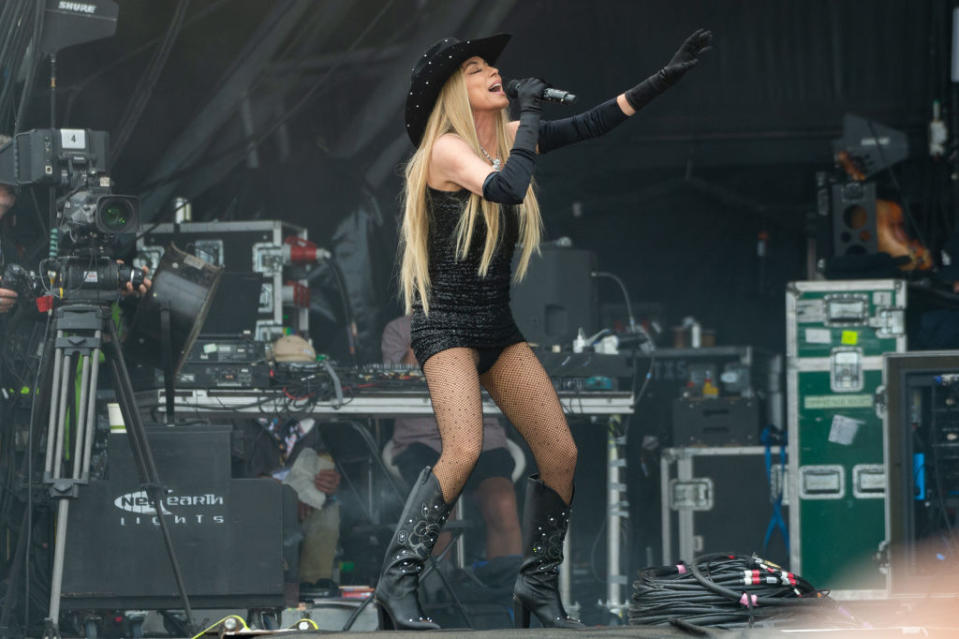 GLASTONBURY, ENGLAND - JUNE 30: Shania Twain performs during day four of Glastonbury Festival 2024 at Worthy Farm, Pilton on June 30, 2024 in Glastonbury, England. Founded by Michael Eavis in 1970, Glastonbury Festival features around 3,000 performances across over 80 stages. Renowned for its vibrant atmosphere and iconic Pyramid Stage, the festival offers a diverse lineup of music and arts, embodying a spirit of community, creativity, and environmental consciousness. (Photo by Joseph Okpako/WireImage)