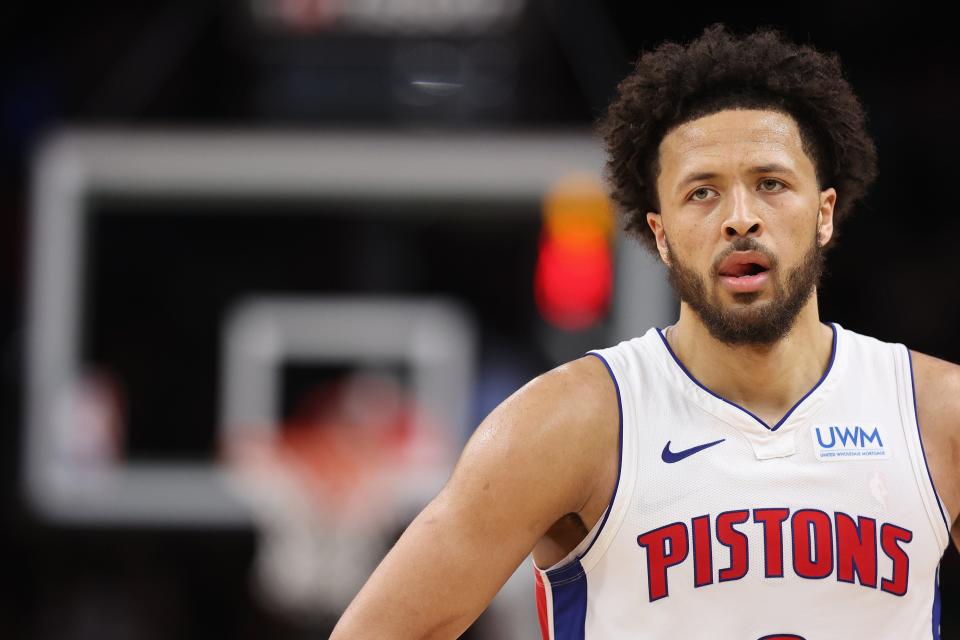 Cade Cunningham reacts during the second half of the Pistons' 116-100 loss to the Suns on Wednesday, Feb. 14, 2024, in Phoenix.