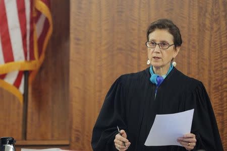 Judge Susan Garsh makes rulings about the potential testimony of prosecution witness Alexander Bradley without the jury present at the murder trial of former New England Patriots football player Aaron Hernandez at Bristol County Superior Court in Fall River, Massachusetts April 1, 2015. REUTERS/Brian Snyder