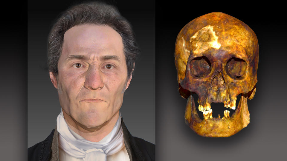 A side-by-side comparison of a facial reconstruction of a vampire and his skeleton.