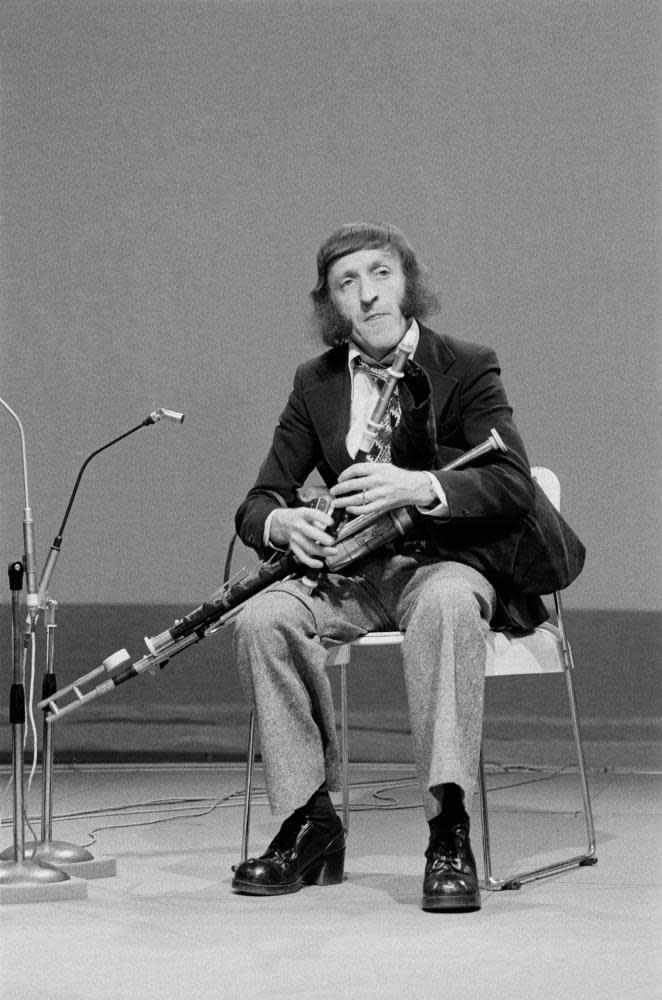 Paddy Moloney with his the uilleann pipes on televison in the mid-1970s.