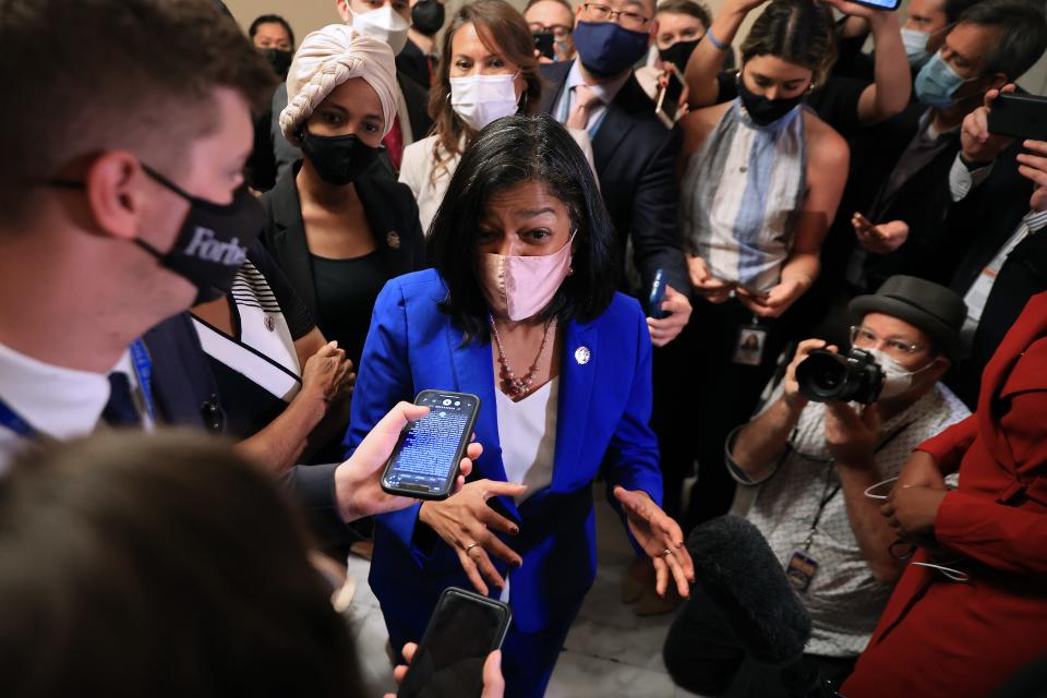 Congressional Progressive Caucus Chair Rep. Pramila Jayapal, D-Wash.; Sen. Ilhan Omar, D-Minn.; and Rep. Veronica Escobar, D-Texas; talk to reporters after meeting with Speaker of the House Nancy Pelosi, D-Calif., at the U.S. Capitol on Sept. 30, 2021 in Washington, D.C.