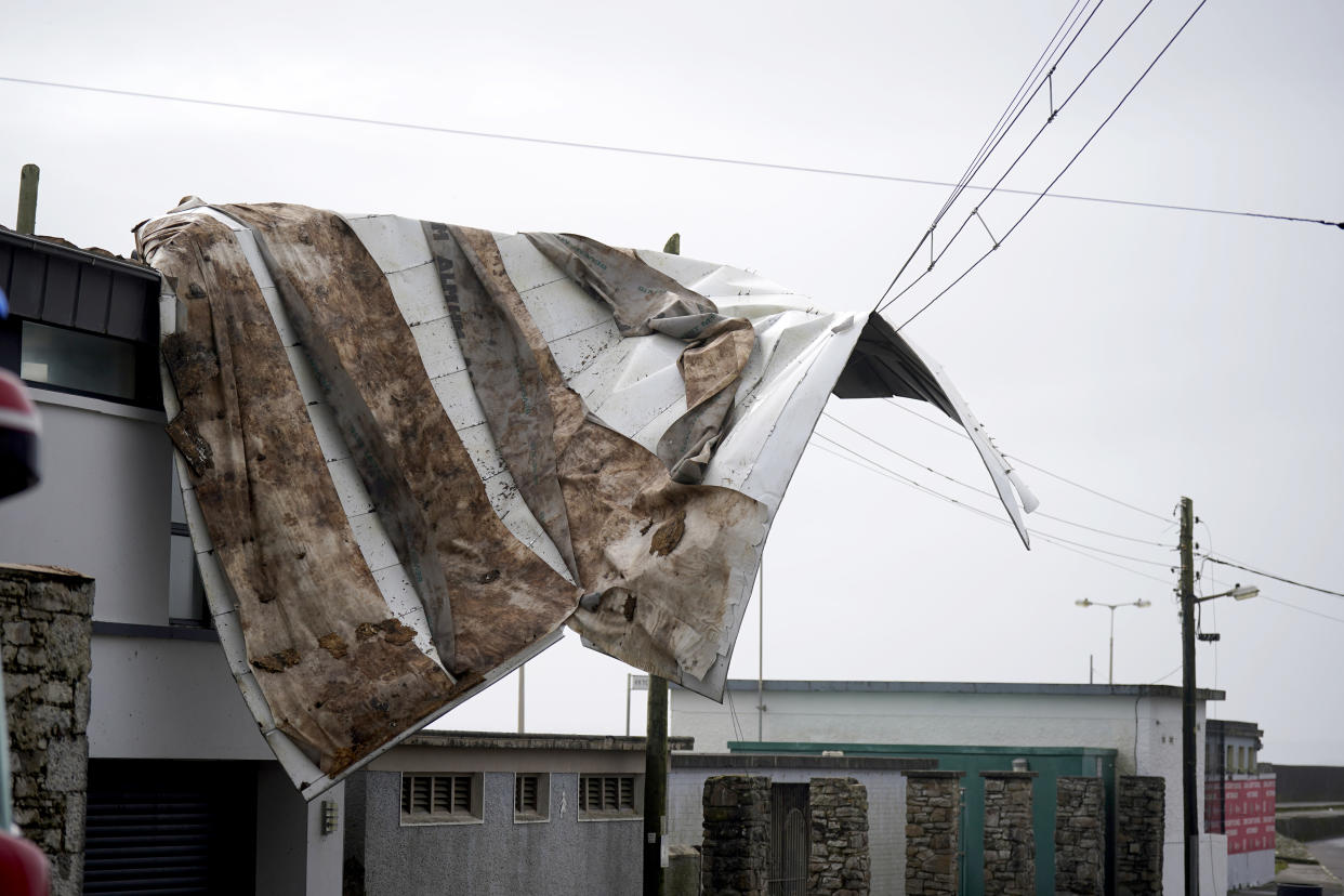 The scene in Youghal, Co Cork, where a roof has been blown from a building. Weather warnings will come into force as the UK and Ireland brace for the arrival of Storm Agnes, which will bring damaging winds and big stormy seas. Agnes, the first named storm of the season, will affect western regions of the UK and Ireland, with the most powerful winds expected on the Irish Sea coasts. Picture date: Tuesday September 26, 2023. (Photo by Niall Carson/PA Images via Getty Images)