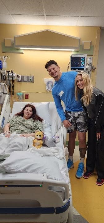 Mireya Nelson was one of at least 24 people injured by gunfire during the Kansas City Chiefs Super Bowl parade on Feb. 14, 2024. Here, Chiefs quarterback Patrick Mahomes and his wife, Brittany, visit her at Children’s Mercy hospital. (Erika Nelson)