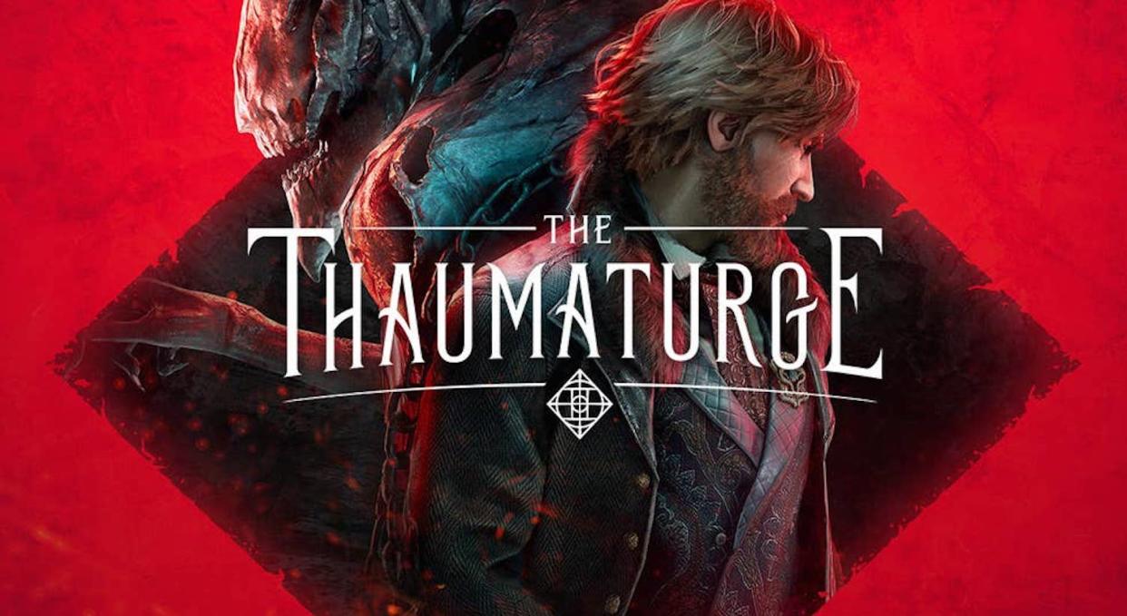  Bearded man and demonic beast pose back to back in key art for The Thaumaturge. 