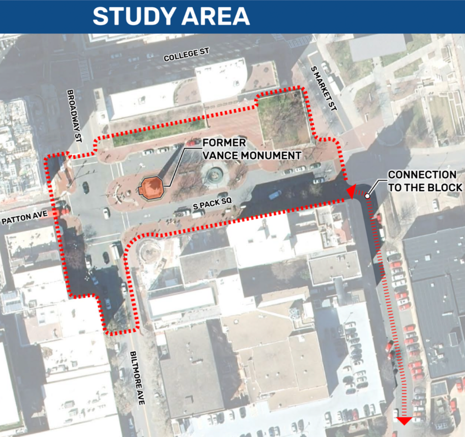 The study area for the Pack Square Plaza visioning project, intended to create a more equitable, accessible and inclusive space in the heart of downtown.