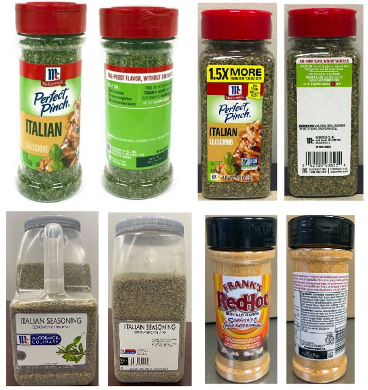 This combo of product images provided by McCormick & Co. shows McCormick Perfect Pinch Italian Seasoning, McCormick Culinary Italian Seasoning and Frank’s RedHot Buffalo Ranch Seasoning. The company said this week that it is voluntarily recalling the seasonings due to possible salmonella contamination. The products were shipped between June 20 and July 21 to 32 states, Bermuda and Canada.