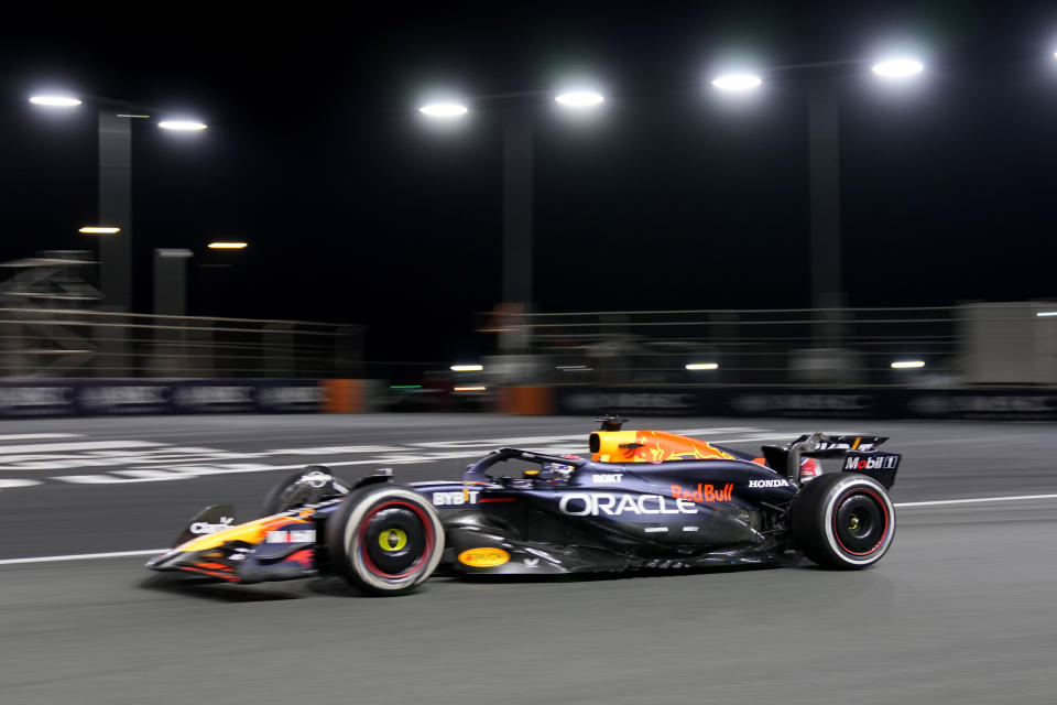 Red Bull driver Max Verstappen of the Netherlands steers his car during the Formula One Saudi Arabian Grand Prix at the Jeddah Corniche Circuit, in Jedda, Saudi Arabia, Saturday, March 9, 2024. (AP Photo/Darko Bandic)