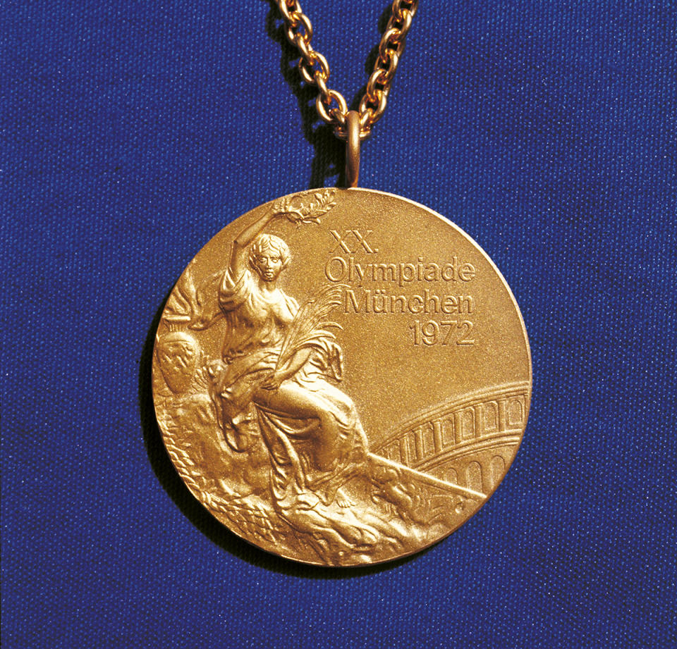 <p>A gold medal from the 1972 Munich Olympics. (Mario De Biasi/Mondadori Portfolio via Getty Images) </p>