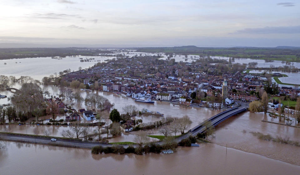 Flood water surrounds Upton upon Severn in Worcestershire. PA Photo. Picture date: Tuesday February 18, 2020. Severe flood warnings remain in place in the wake of Storm Dennis, with more rain expected to fall later this week. See PA story WEATHER Storm. Photo credit should read: Steve Parsons/PA Wire