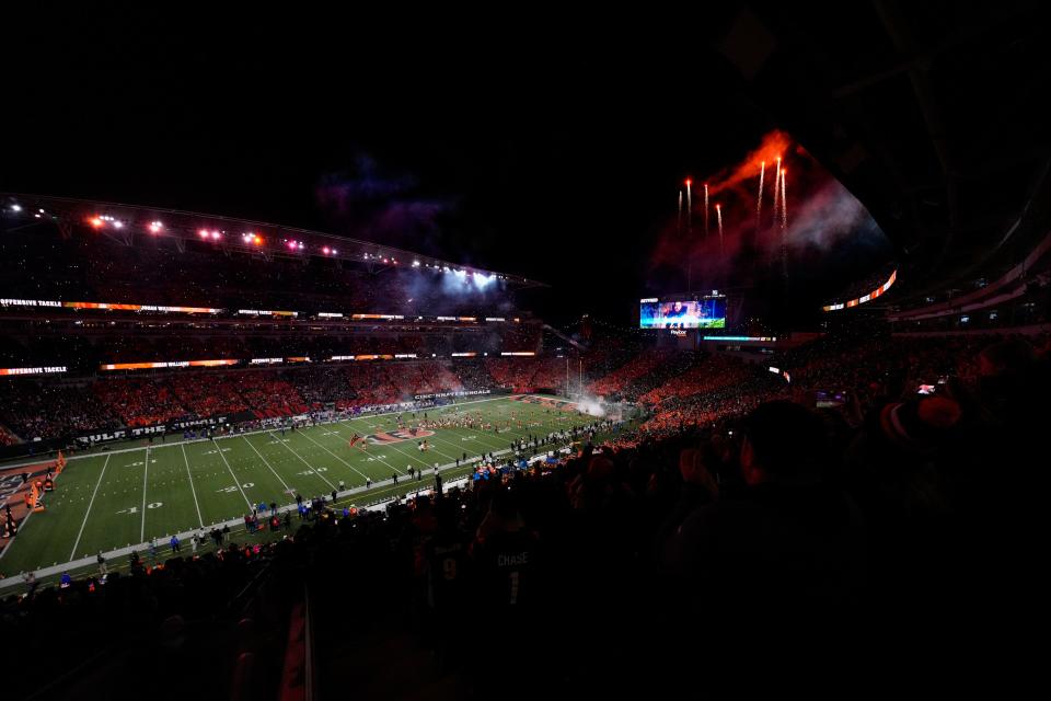 The Cincinnati Bengals take the field for the first quarter of the NFL Week 9 game between the Cincinnati Bengals and the Buffalo Bills at Paycor Stadium in Cincinnati on Sunday, Nov. 5, 2023.