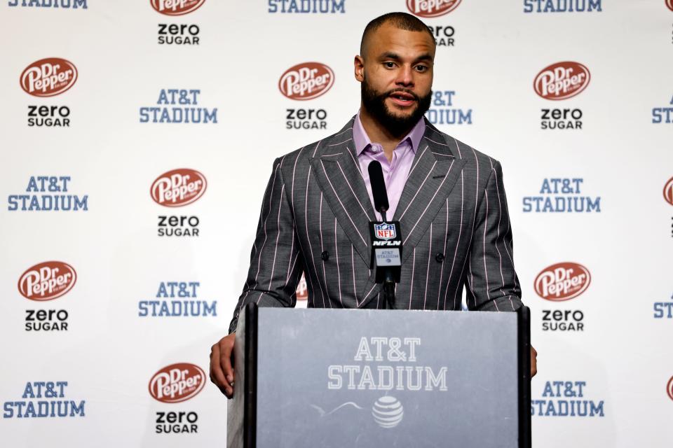 Dallas Cowboys quarterback Dak Prescott speaks during a press conference following the game against the Houston Texans in Arlington, Texas, Sunday, Dec. 11, 2022. (AP Photo/Ron Jenkins) ORG XMIT: OTK