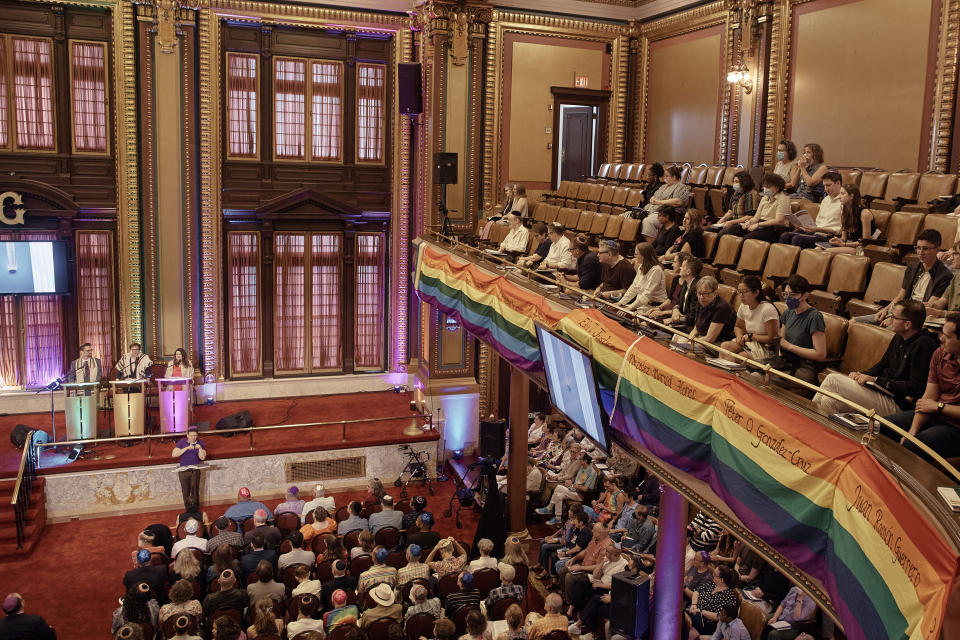 Rabbi Sharon Kleinbaum speaks during her last service at the Masonic Hall, Friday, June 28, 2024, in New York. (AP Photo/Andres Kudacki)