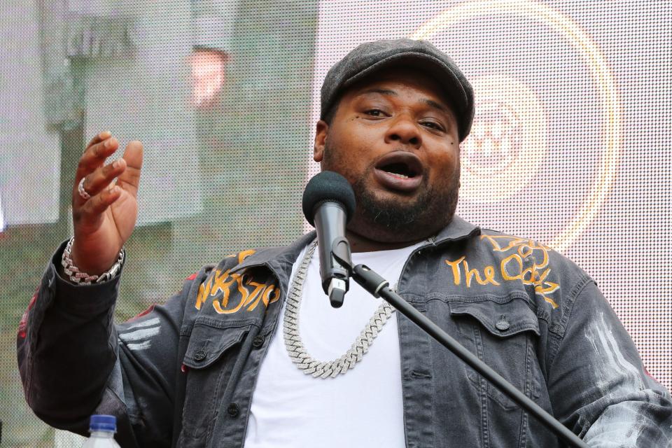 Rapper, Big Narstie during the unveiling of Amy Winehouse's stone, in honour of the late British singer at the Music Walk of Fame in Camden, in north London. (Photo by Steve Taylor / SOPA Images/Sipa USA)